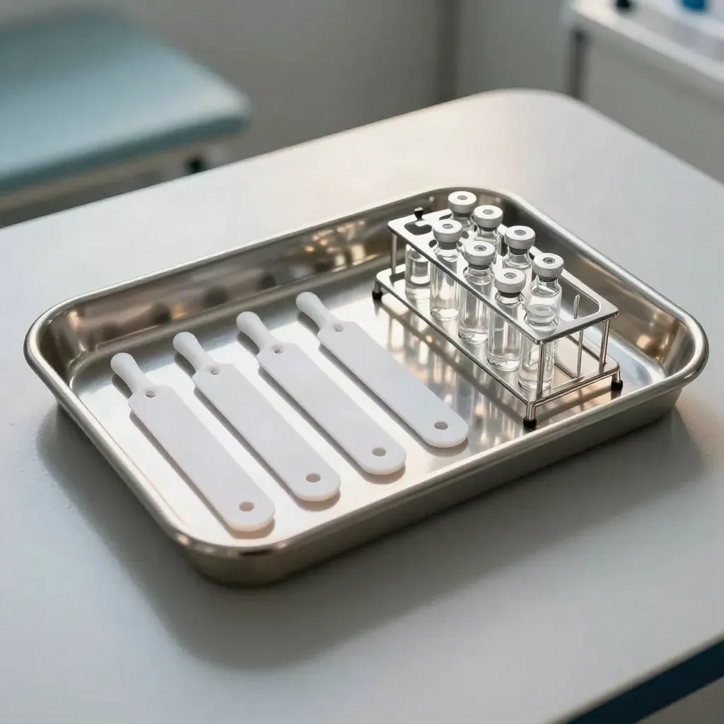 Top-down clinical still life of a medicine tray, chart rail, tags, and vial rack.
