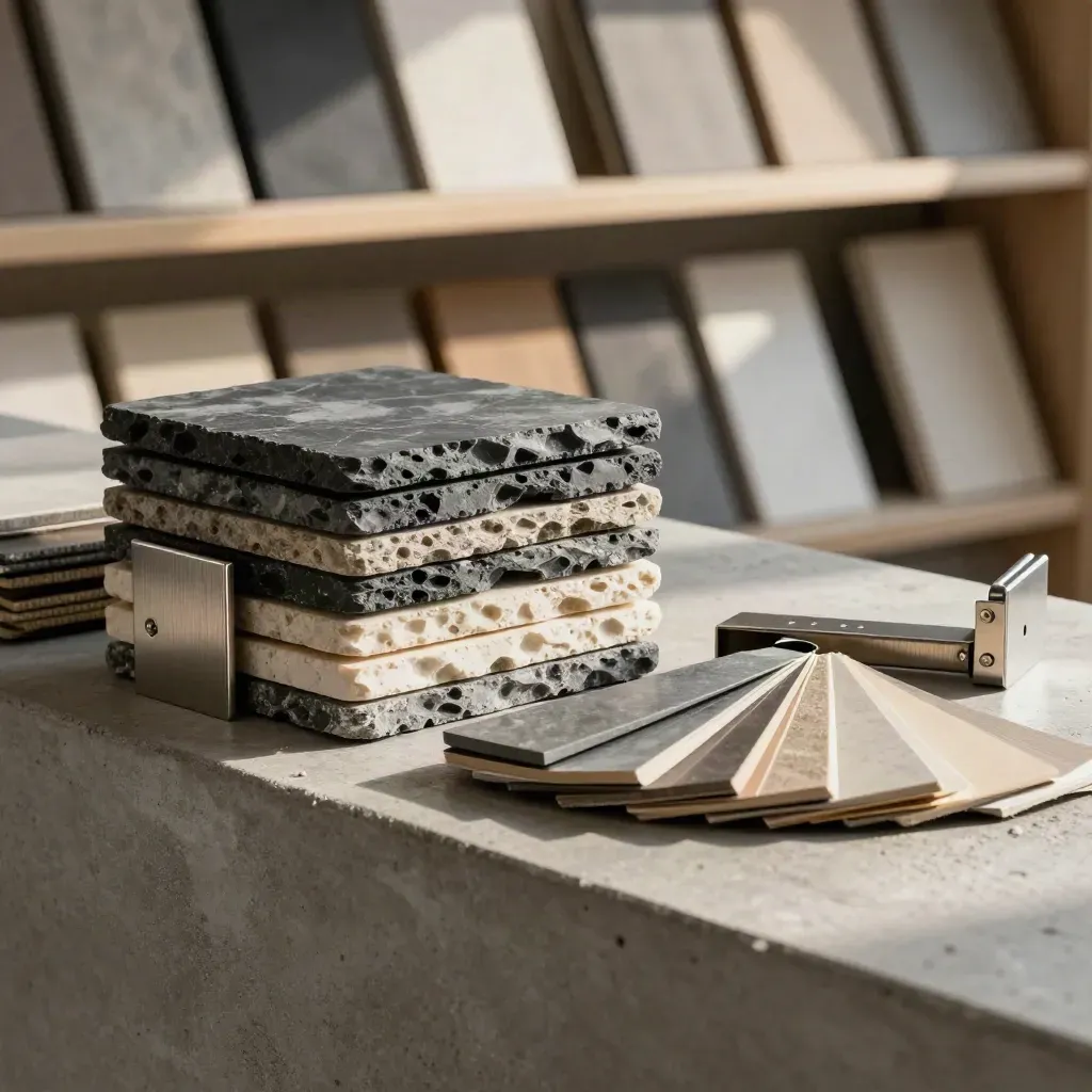 Architectural material samples fanned open on stone with clamps and brushed metal