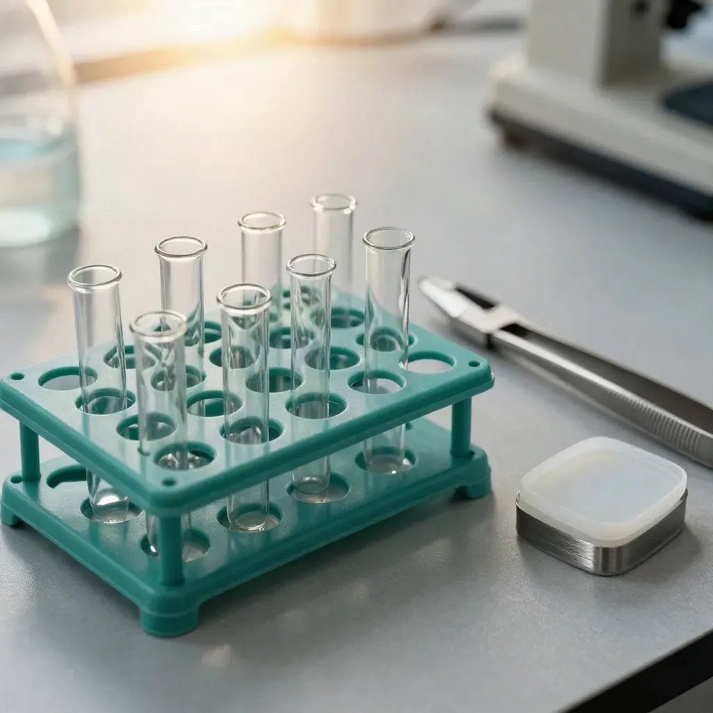 Biotech vial rack, glass sample vials, forceps and specimen box on stone