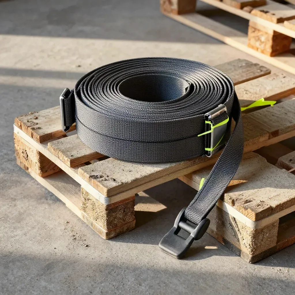 Cargo straps, corner protectors, pallet blocks and a dock clamp on dusty concrete.