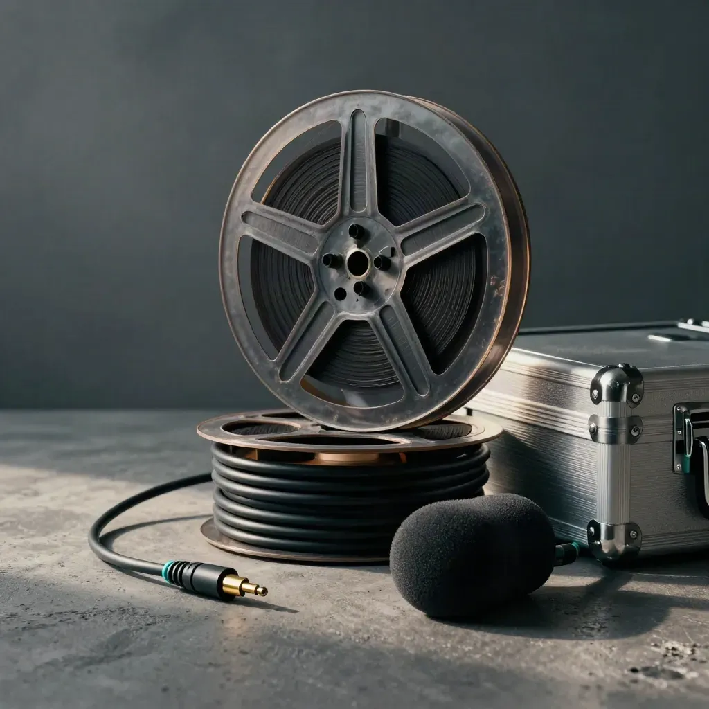 Film reel, audio cable, mic windscreen and case corner on concrete in dramatic studio light