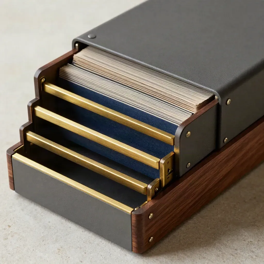 Macro of stacked graphite task trays with brass dividers on pale stone