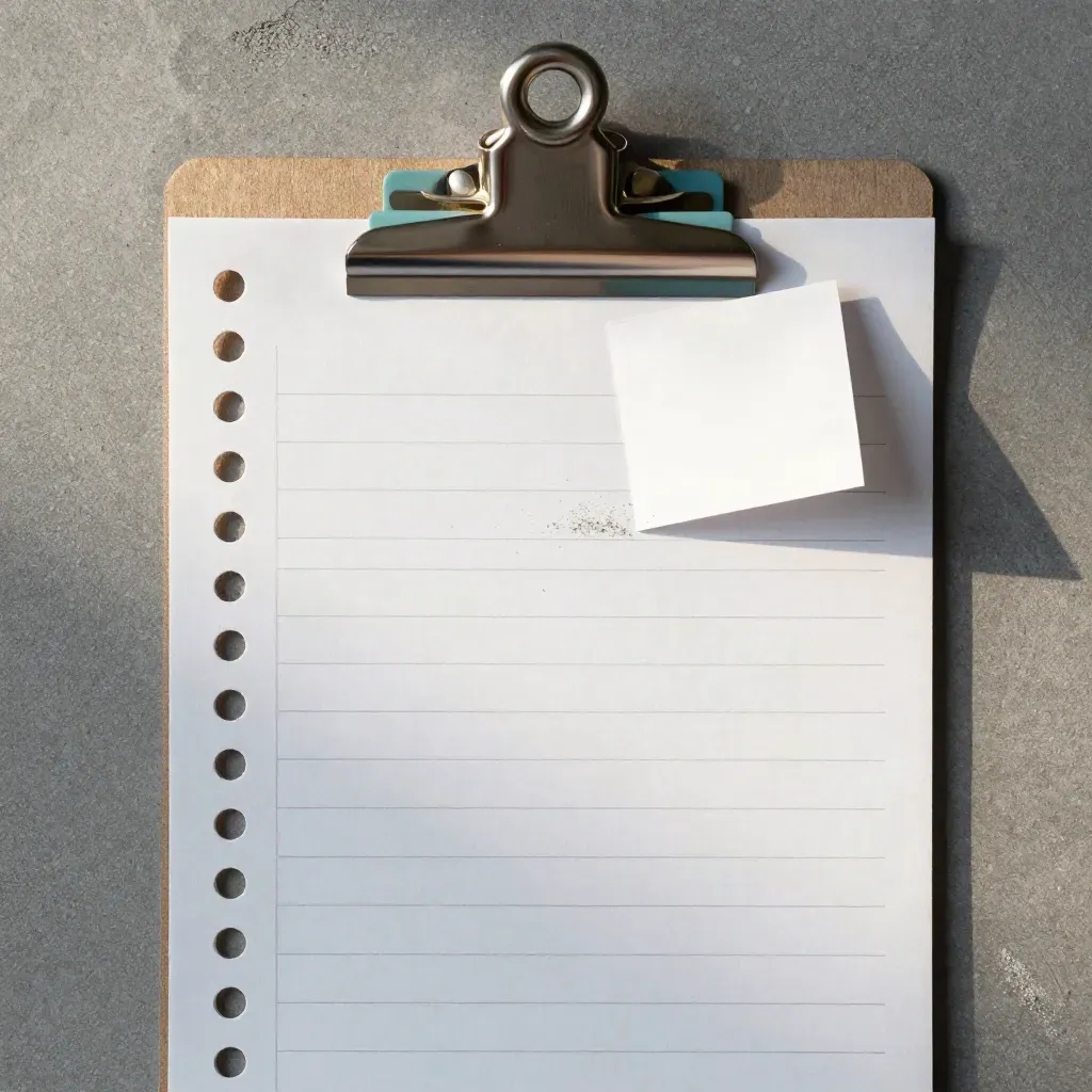 Top-down checklist cards with perforated strip, metal rail and teal accent on concrete.