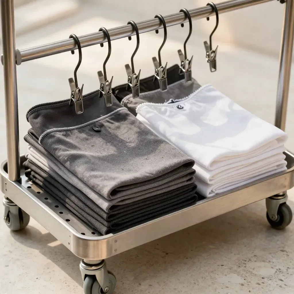 Overhead flat lay of retail display hardware and folded fabric swatches on travertine.