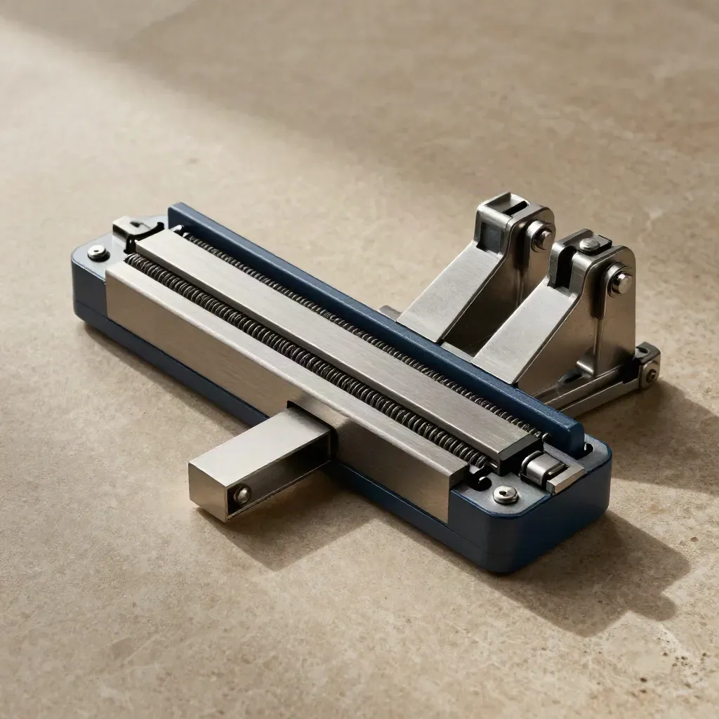 Macro of a pivoting metal routing gate and toggles on a graphite stone surface.
