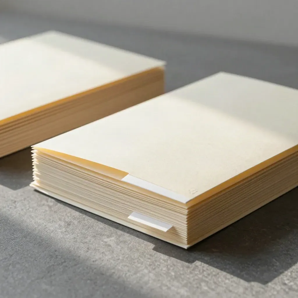 Cream archival report sleeves stacked on graphite stone, softly lit with paper fibers in macro