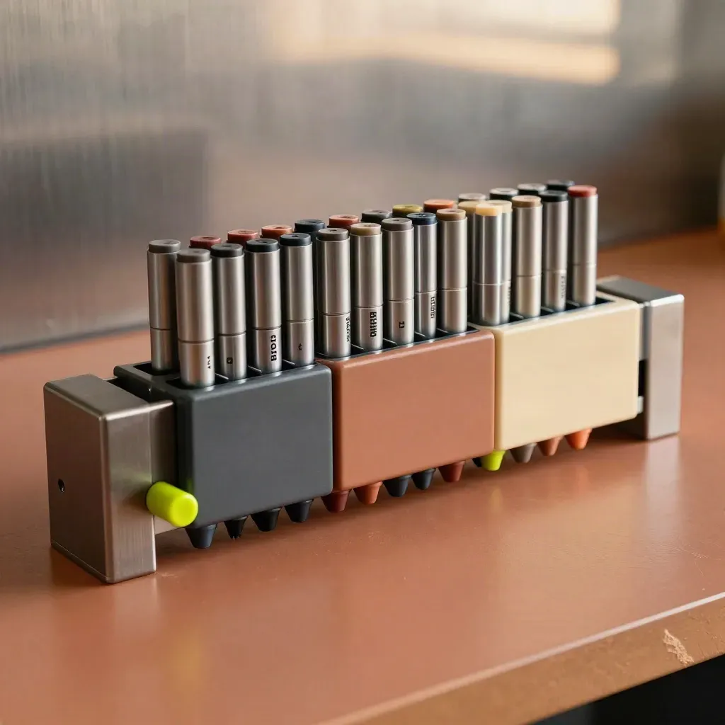 Magnetic assignment rail with three task blocks and aligned metal markers on terracotta plaster.