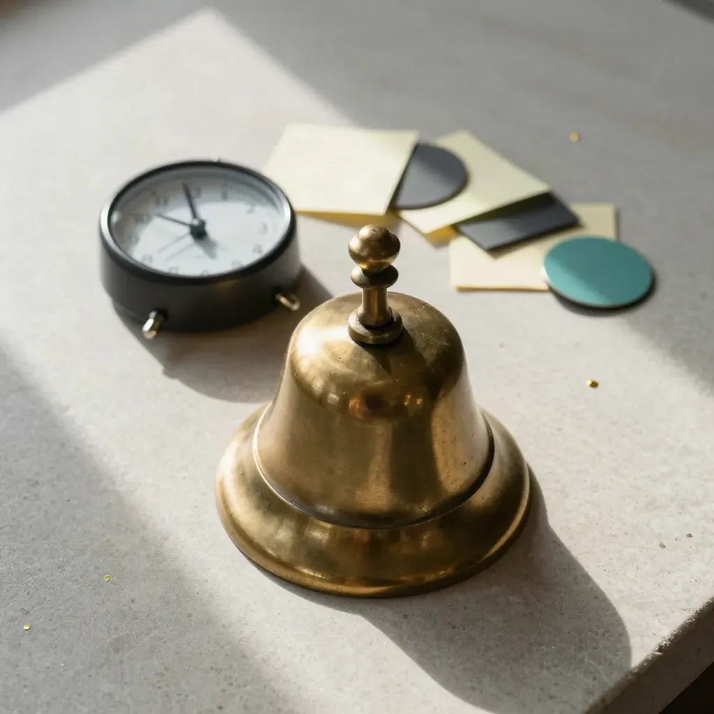 Brass desk bell with timer and reminder tokens on a concrete surface, overhead close-up.