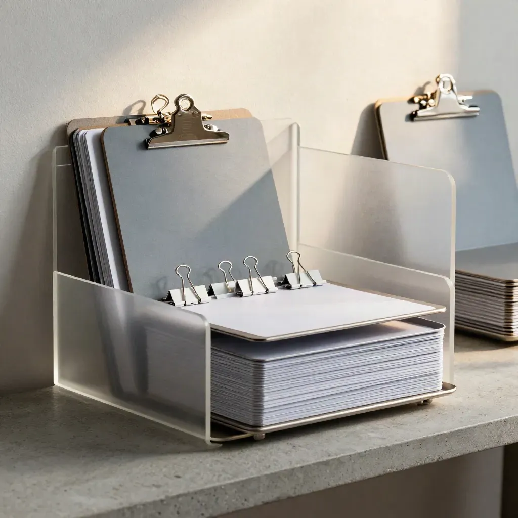 Shared clipboards, stackable trays and binder clips aligned on a cool concrete shelf.