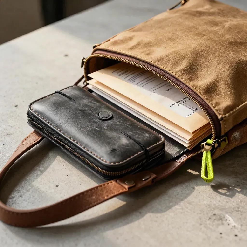 Freelancer tools zipped in a bag: drafting portfolio, hard case, cable wraps, and receipt envelopes.