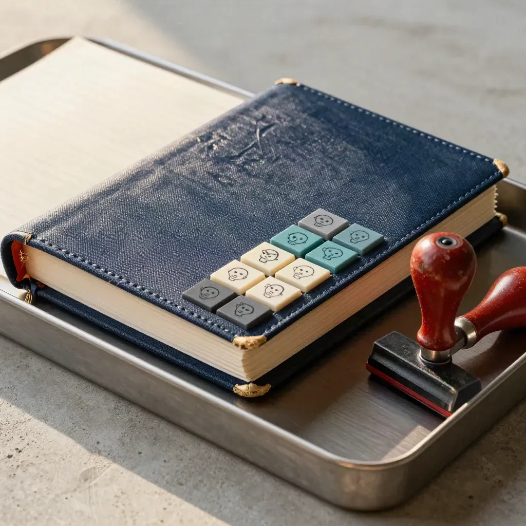 Ops review binder, status blocks, rubber stamp, and metal tray behind a foreground rack