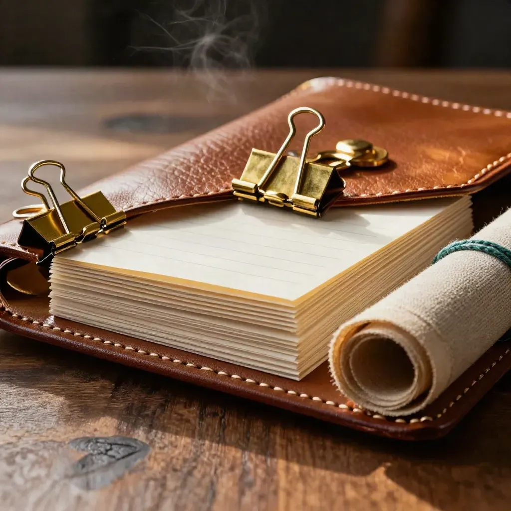 Leather project folio with brass clips and a rolled fabric swatch on walnut