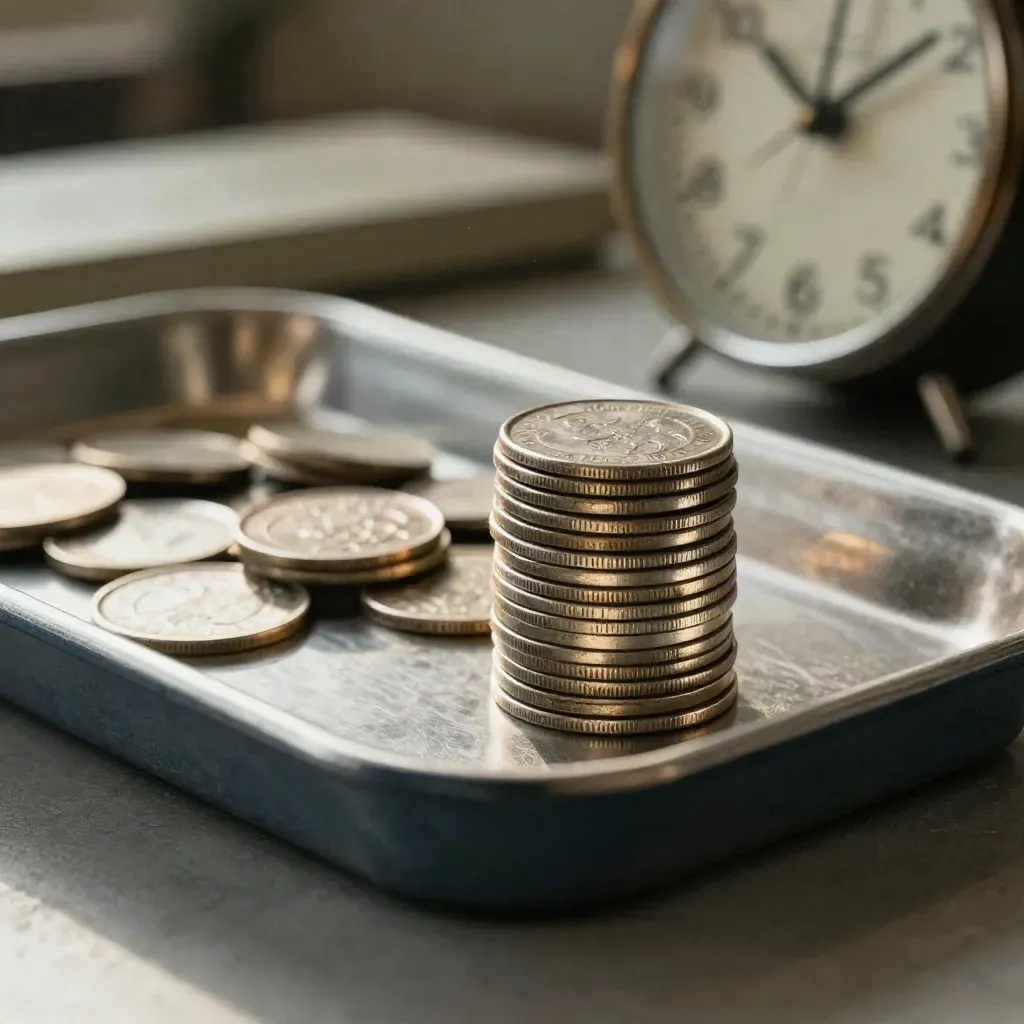 Macro still life of a steel parts tray, job-token stack, and wall clock on an operations bench.
