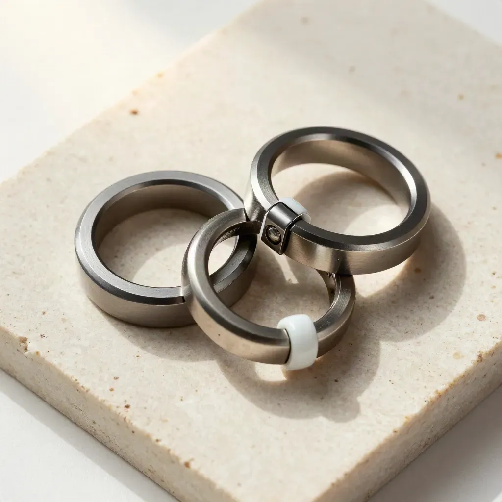Top-down metallic connector still life on pale stone, styled like a premium productivity ad.