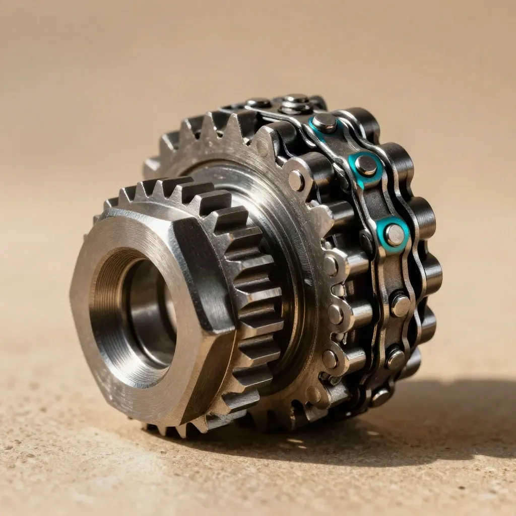 Gear cluster and chain link couplers on a limestone surface, lit in a dramatic studio still life.