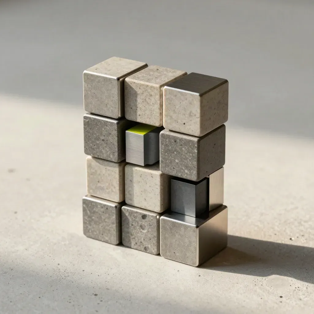 Stone-and-metal cubes and spacer blocks aligned on pale concrete in soft directional light.
