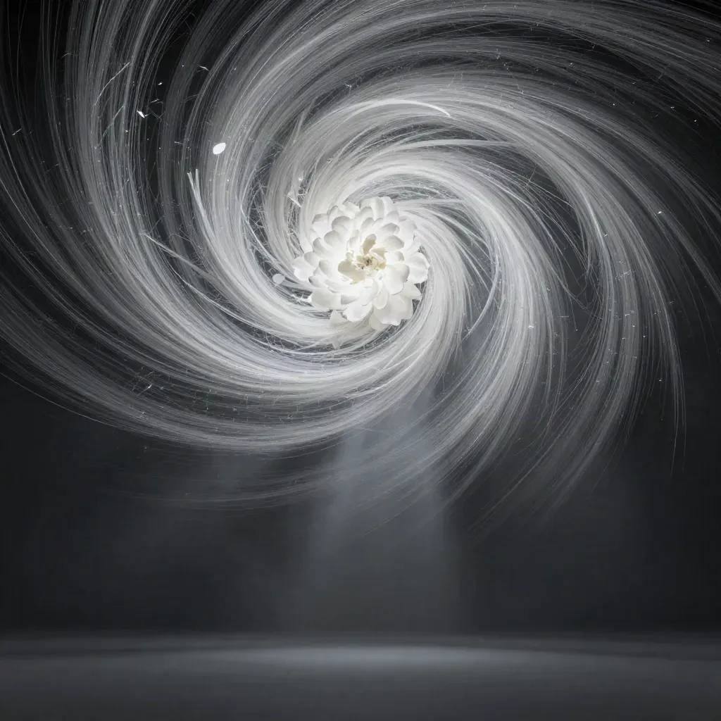 Silver filaments spiral into a soft off-centre bloom in dark graphite haze.
